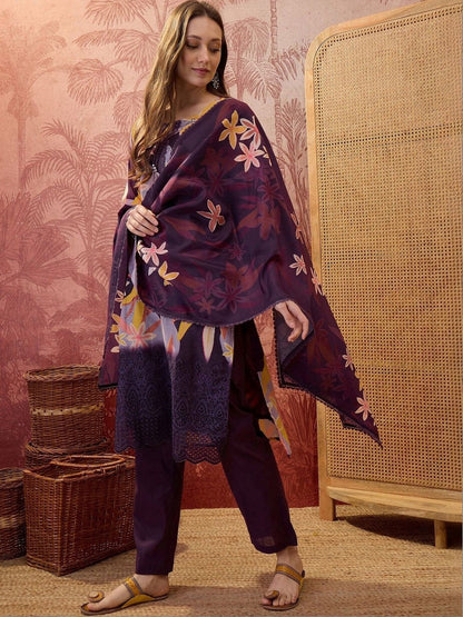 Floral Printed Round Neck Lace Hem Kurta & Trousers With Dupatta