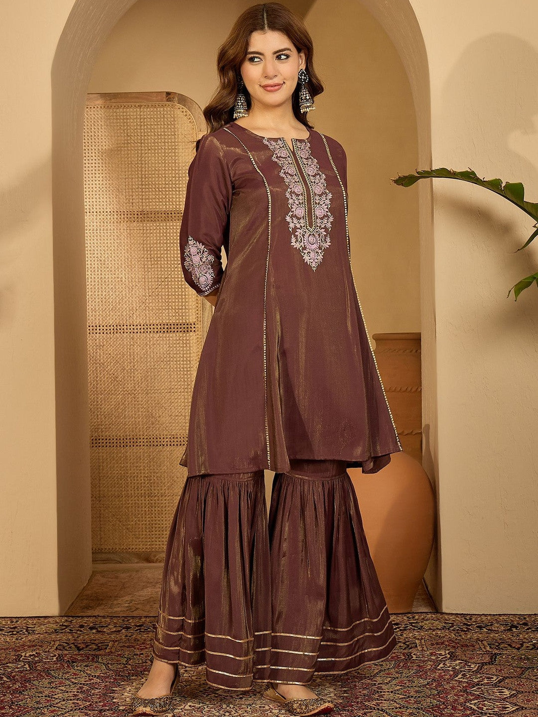Dhiyona SN Women Brown Embroidered Kurta Sets With Dupatta