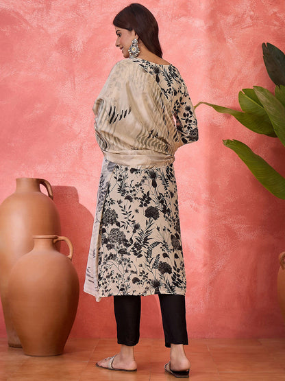 Women Floral Printed Silk Kurta with Trousers & Dupatta