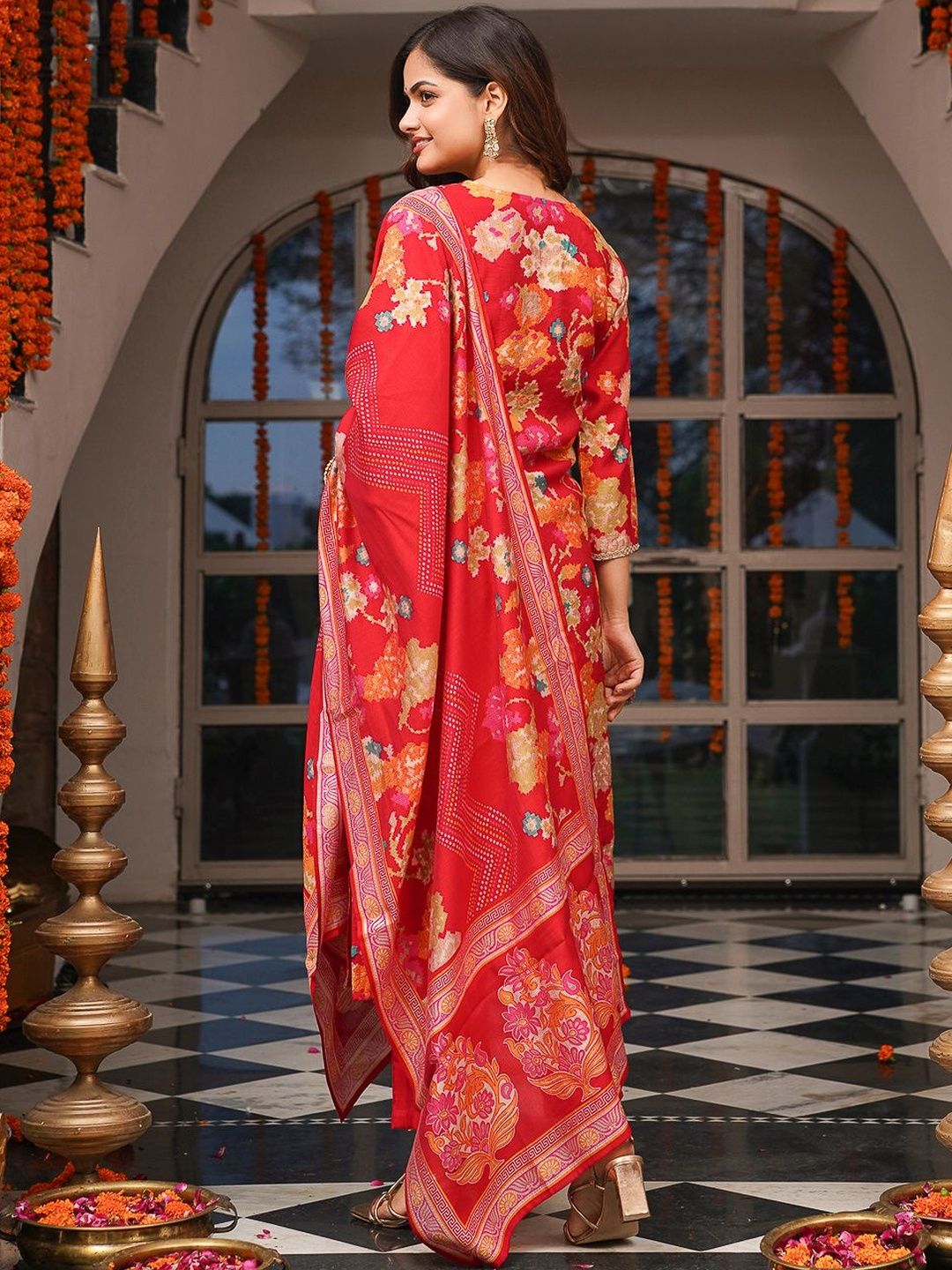 Dhiyona KL Floral Printed Mirror Work V-Neck Straight Kurta With Trousers & Dupatta