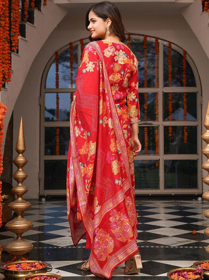 Dhiyona KL Floral Printed Mirror Work V-Neck Straight Kurta With Trousers & Dupatta