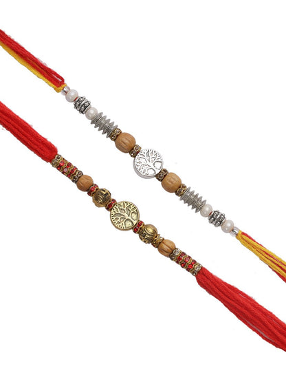 Dhiyona Red Set Of 2 Stone Studded & Beaded Rakhis With Roli Chawal & Greeting Card
