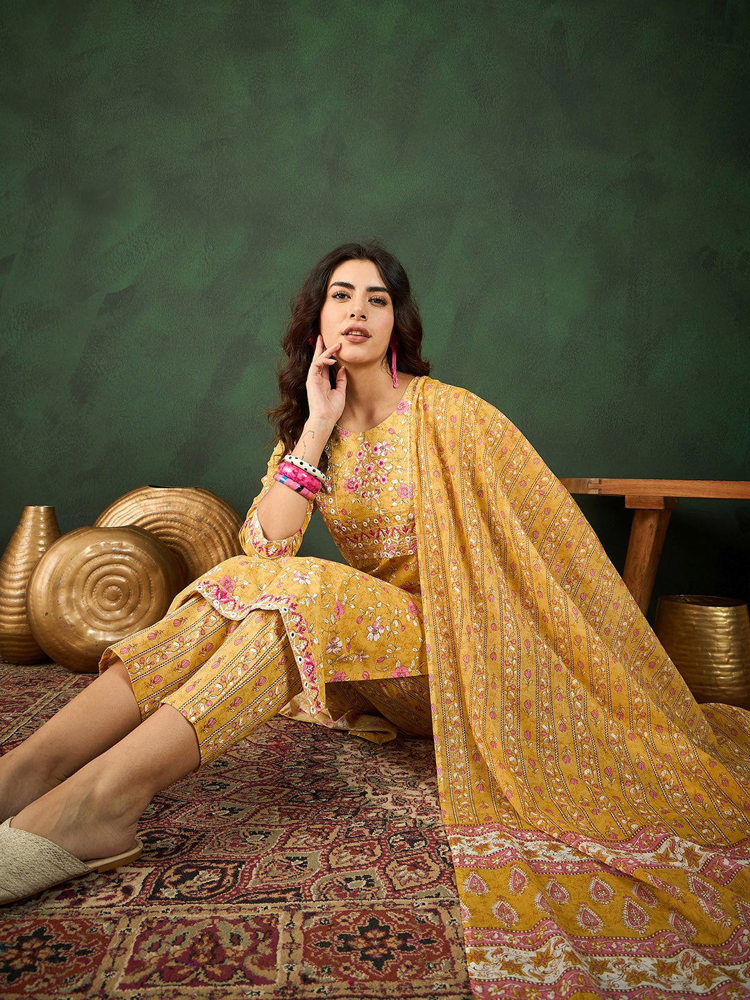 Printed & Thread Work Pure Cotton Kurta With Trousers & Dupatta Set