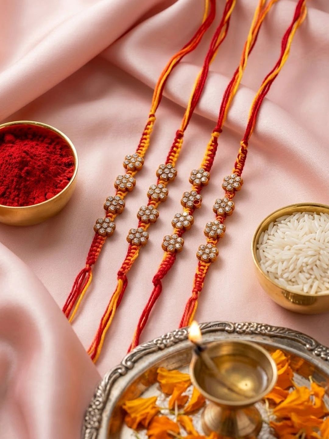 Dhiyona Set Of 4 Artificial Stones Floral Design Thread Rakhi