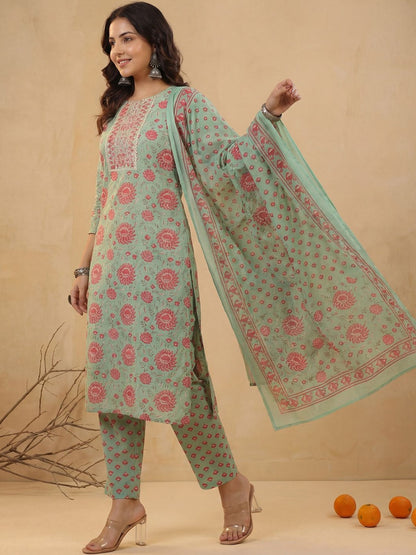 Women Floral Printed Regular Mirror Work Kurta with Trousers & With Dupatta