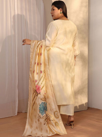 Dhiyona Women's Plus Size Floral Embroidered Kurta with Trousers & With Dupatta