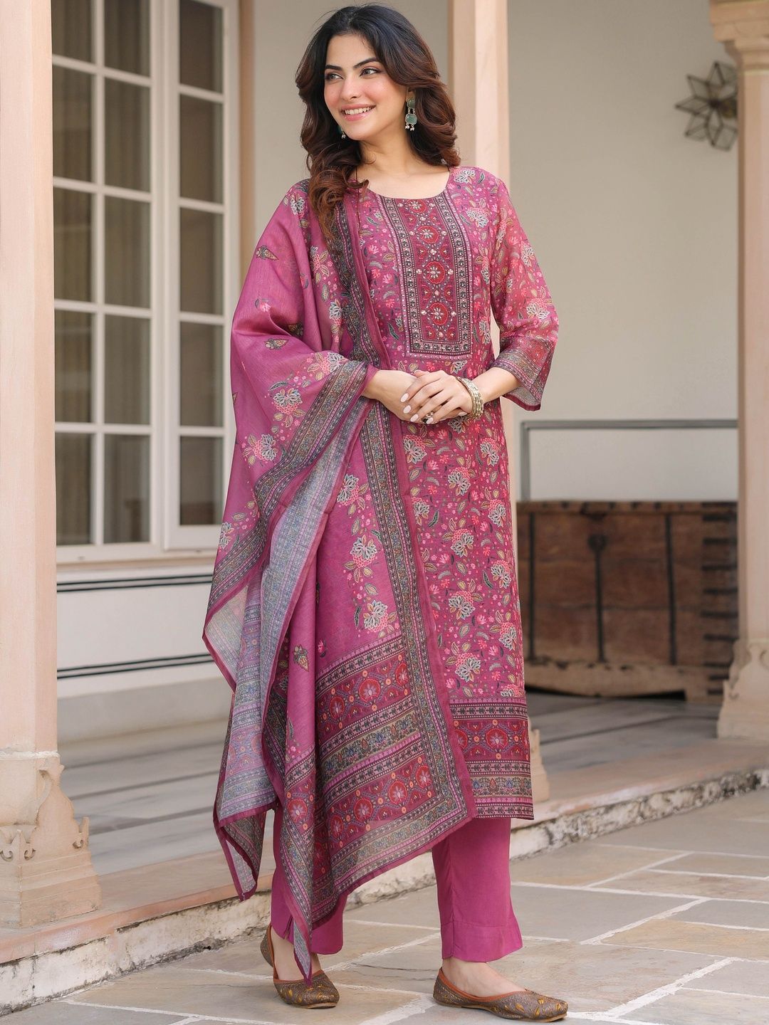 Dhiyona RR Women's Ethnic Motifs Printed Regular Sequinned Chanderi Cotton Kurta with Trousers & With