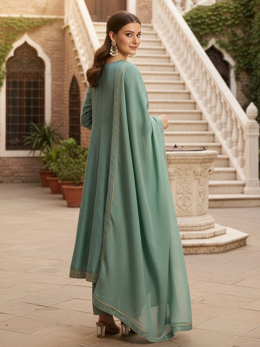 Dhiyona KL Ethnic Motifs Embroidered Panelled Kurta with Palazzos & With Dupatta