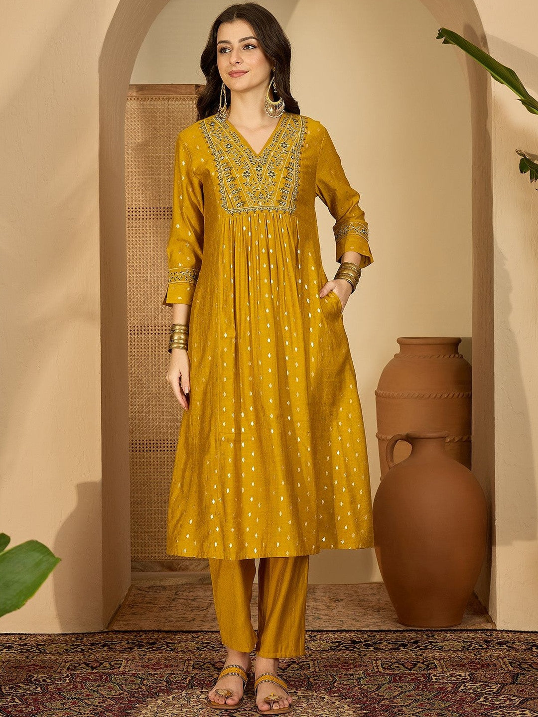 Women Ethnic Motifs Printed V-Neck Thread Work Kurta with Trousers & Dupatta