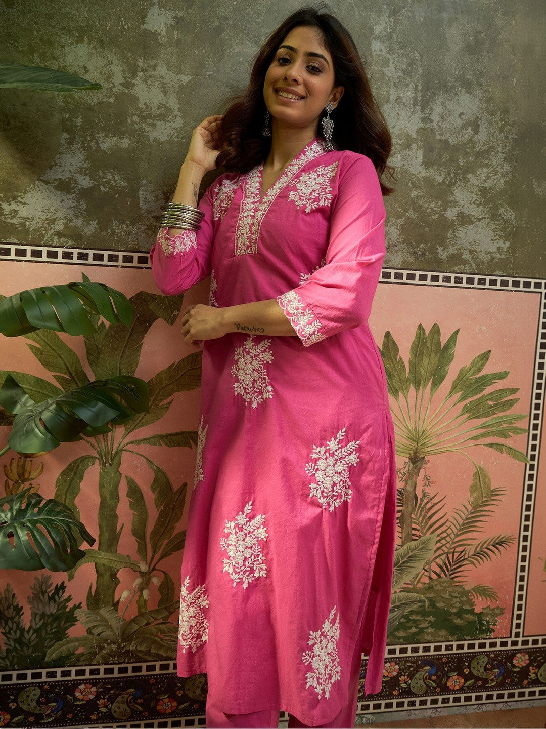 Embroidered V-Neck Kurta & Trousers