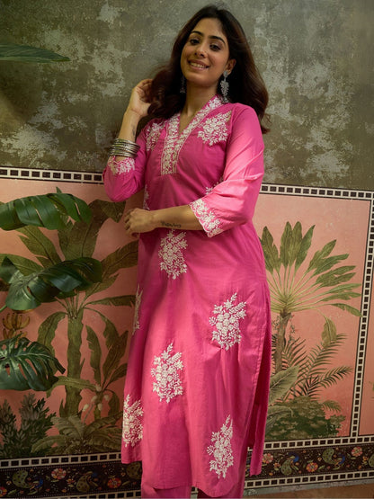Embroidered V-Neck Kurta & Trousers