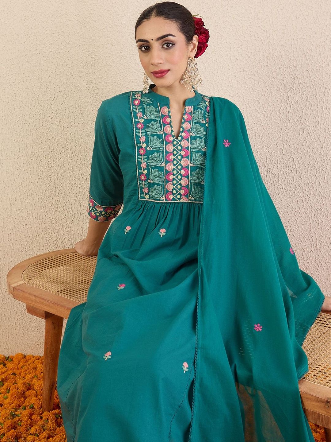 Dhiyona IE Women Ethnic Motifs Embroidered Cotton A-Line Kurta with Trousers & Dupatta