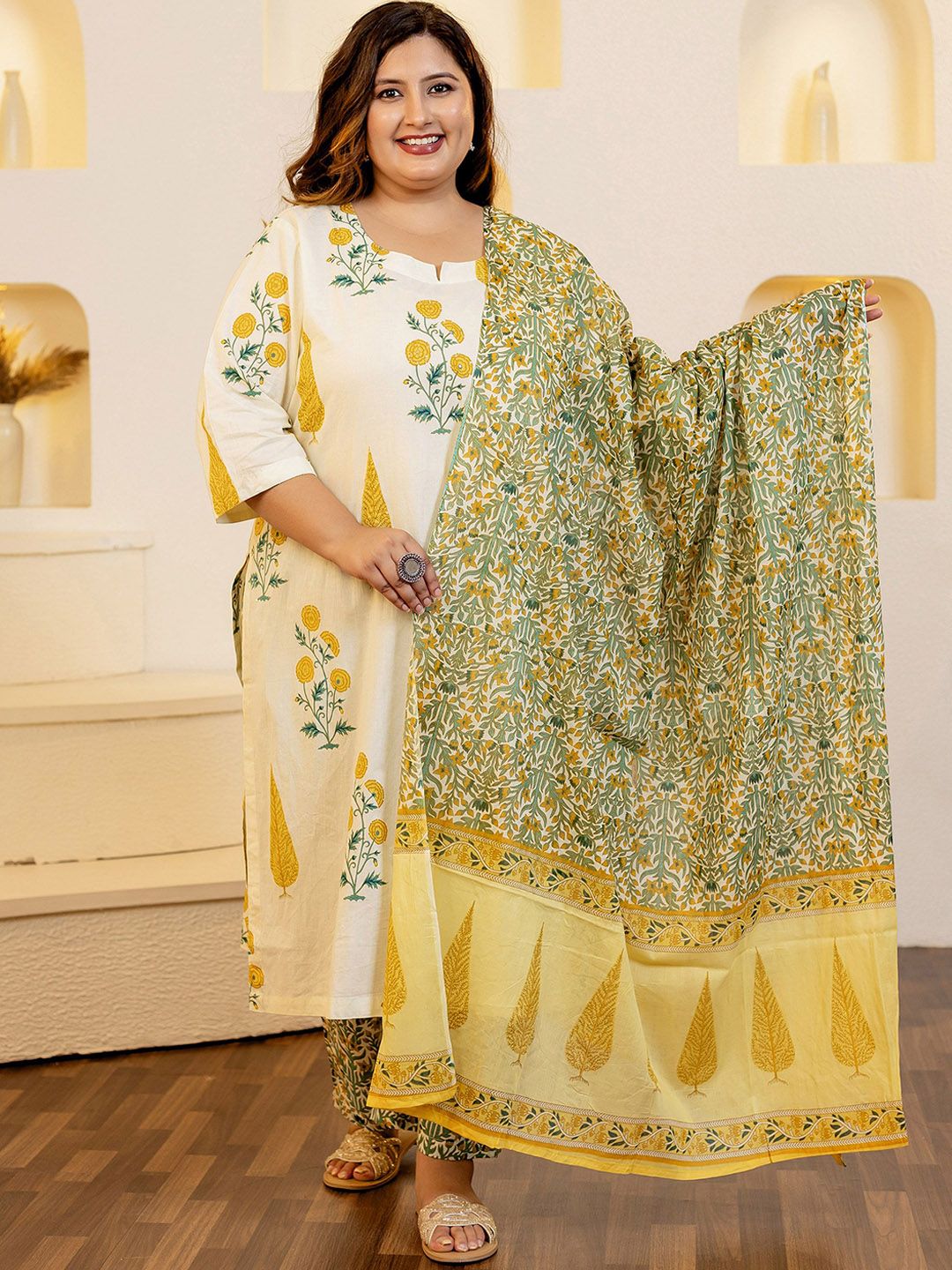 Dhiyona Women's Plus Size Floral Printed Sequinned Pure Cotton Kurta with Trouser & Dupatta