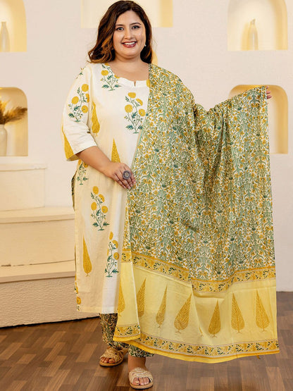 Dhiyona Women's Plus Size Floral Printed Sequinned Pure Cotton Kurta with Trouser & Dupatta