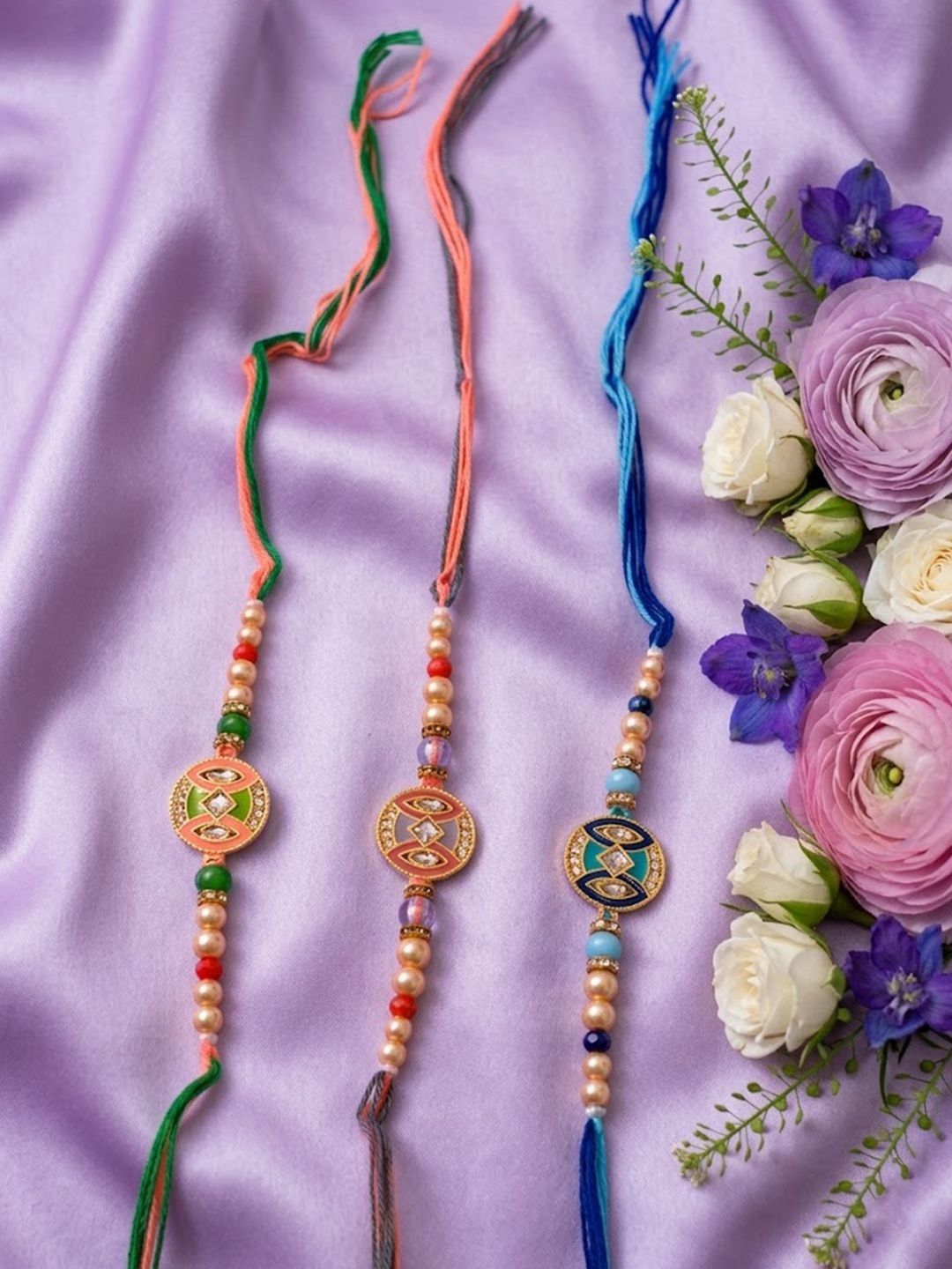 Dhiyona Set Of 3 Multicolor Artificial Stones & Beads Thread Rakhi With Roli Chawal Chandan