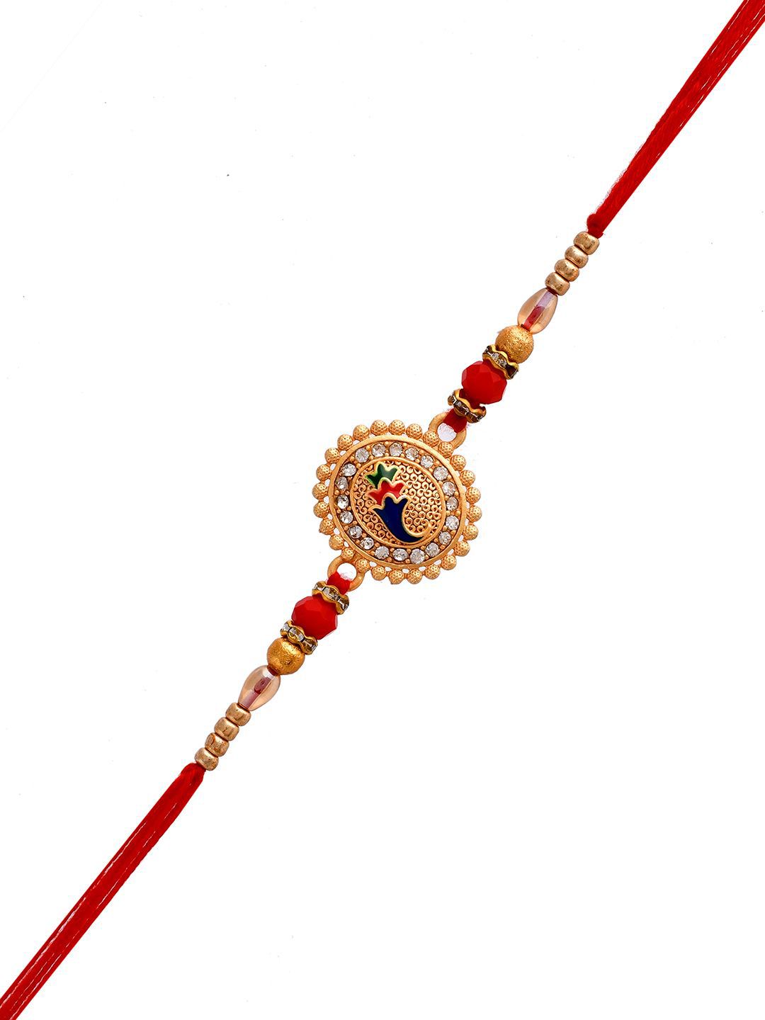 Dhiyona Gold-Toned Stone-Studded & Beaded Rakhi With Roli Chawal & Greeting Card