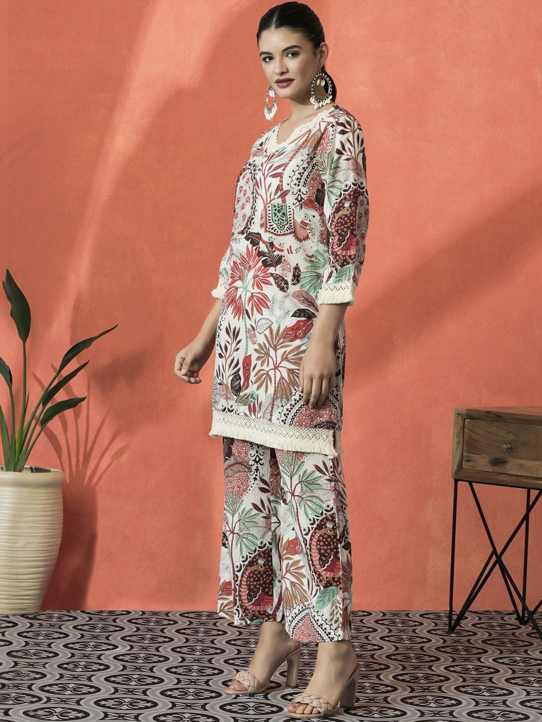 Embroidered Pure Cotton V-Neck Kurta & Palazzos