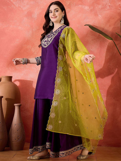 Dhiyona SN Embroidered Kurta & Palazzos With Dupatta