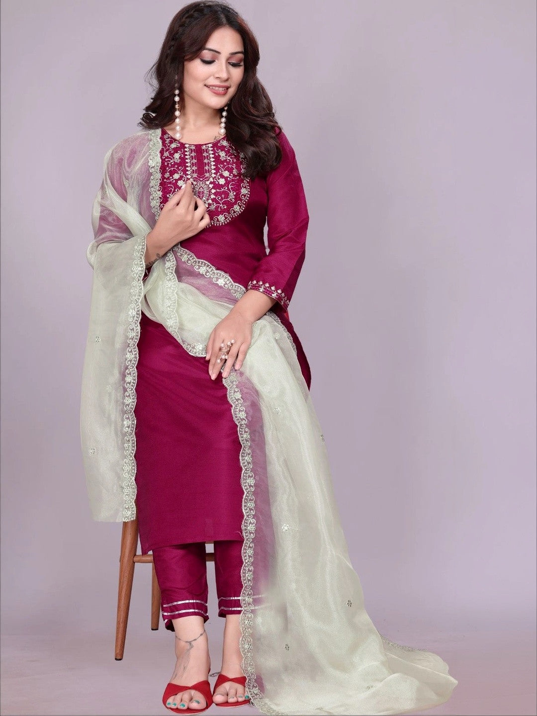 Women Ethnic Motifs Embroidered Regular Thread Work Kurta with Trousers & With Dupatta