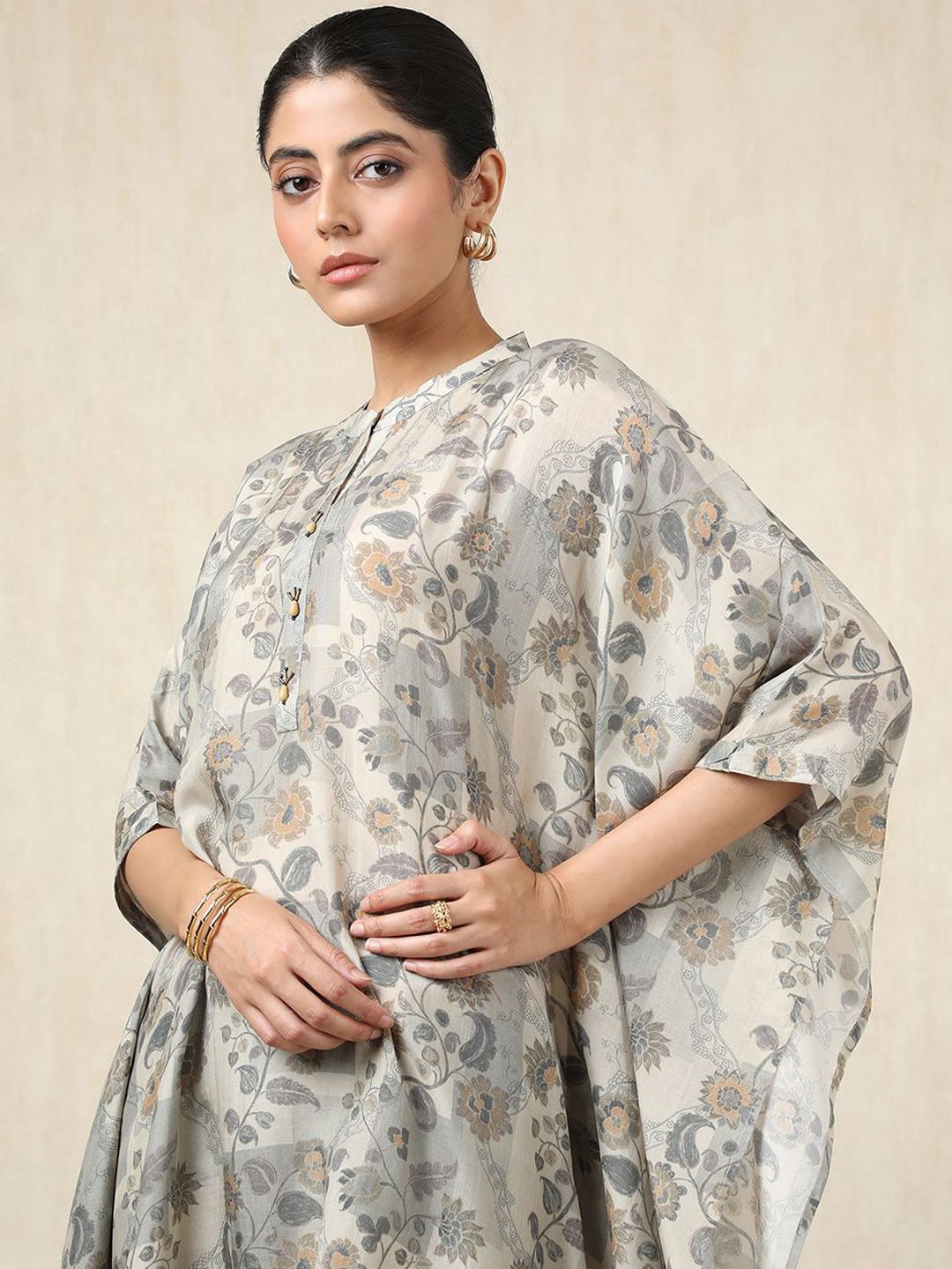 Dhiyona SO Women's Floral Printed Mandarin Collar Kaftan Pure Cotton Kurta With Trousers