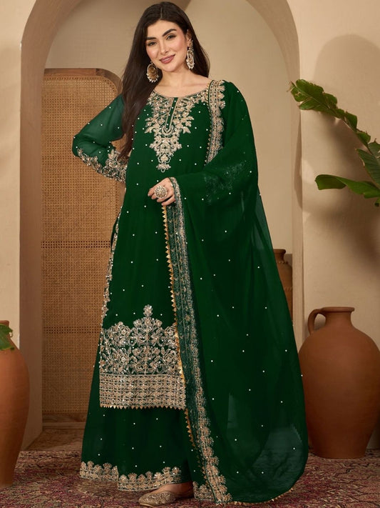Dhiyona SN Embroidered Round Neck Straight Kurta & Palazzos With Dupatta