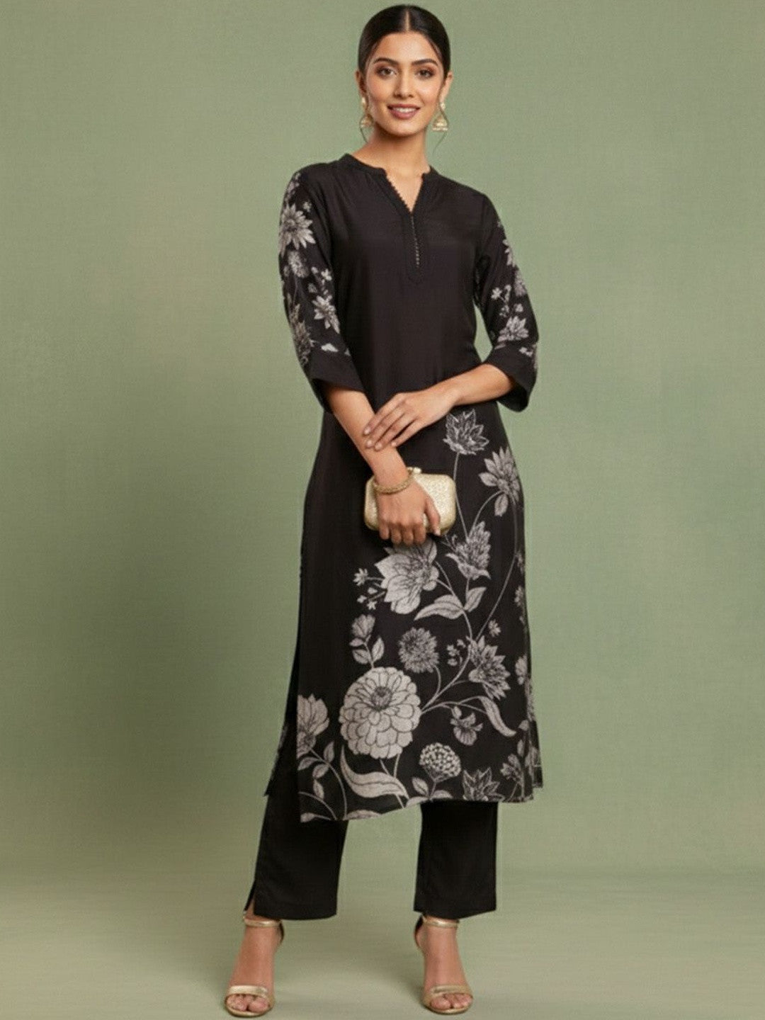 Dhiyona SN Printed Mandarin Collar Kurta & Trousers
