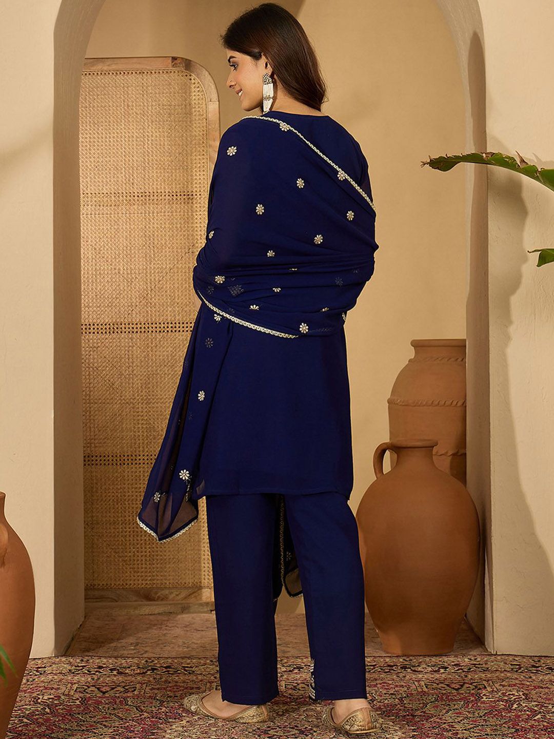 Dhiyona SN Zari Sequence Embroidered Georgette Kurta With Palazzo And Dupatta