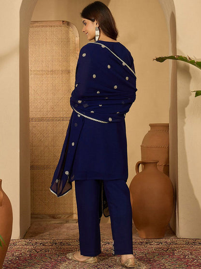 Dhiyona SN Zari Sequence Embroidered Georgette Kurta With Palazzo And Dupatta
