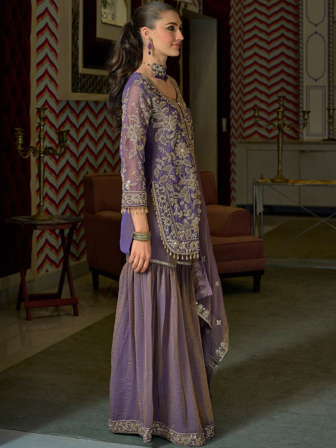 Women Ethnic Motifs Embroidered Regular Thread Work Kurta with Sharara & With Dupatta