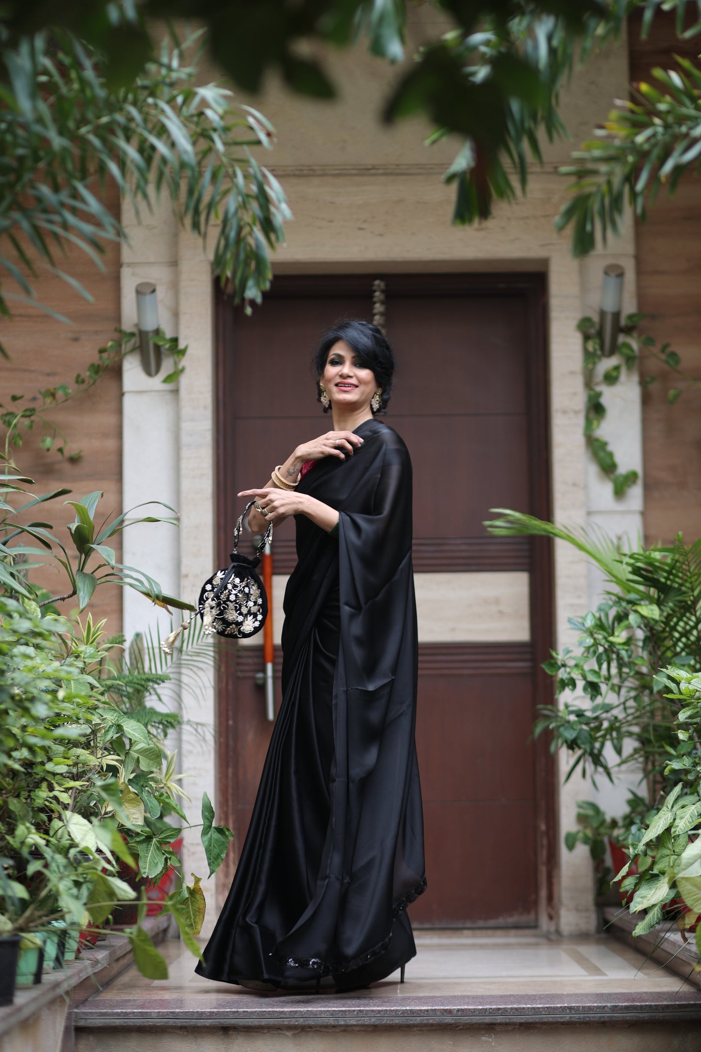 Dhiyona ST Black Satin Beauty Saree with Black Lace