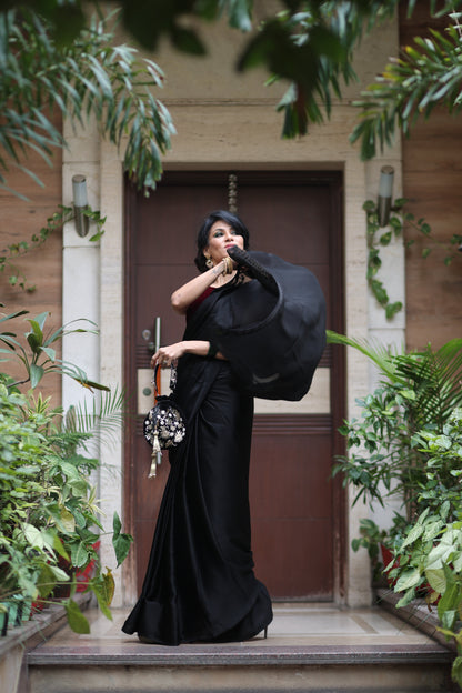 Dhiyona ST Black Satin Beauty Saree with Black Lace