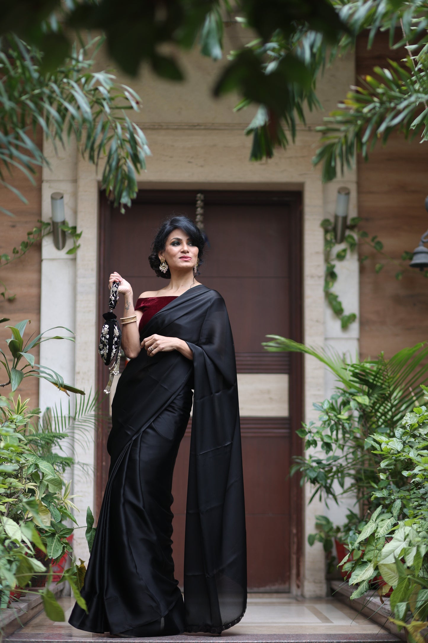 Dhiyona ST Black Satin Beauty Saree with Black Lace