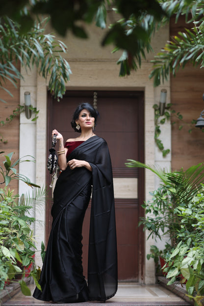 Dhiyona ST Black Satin Beauty Saree with Black Lace