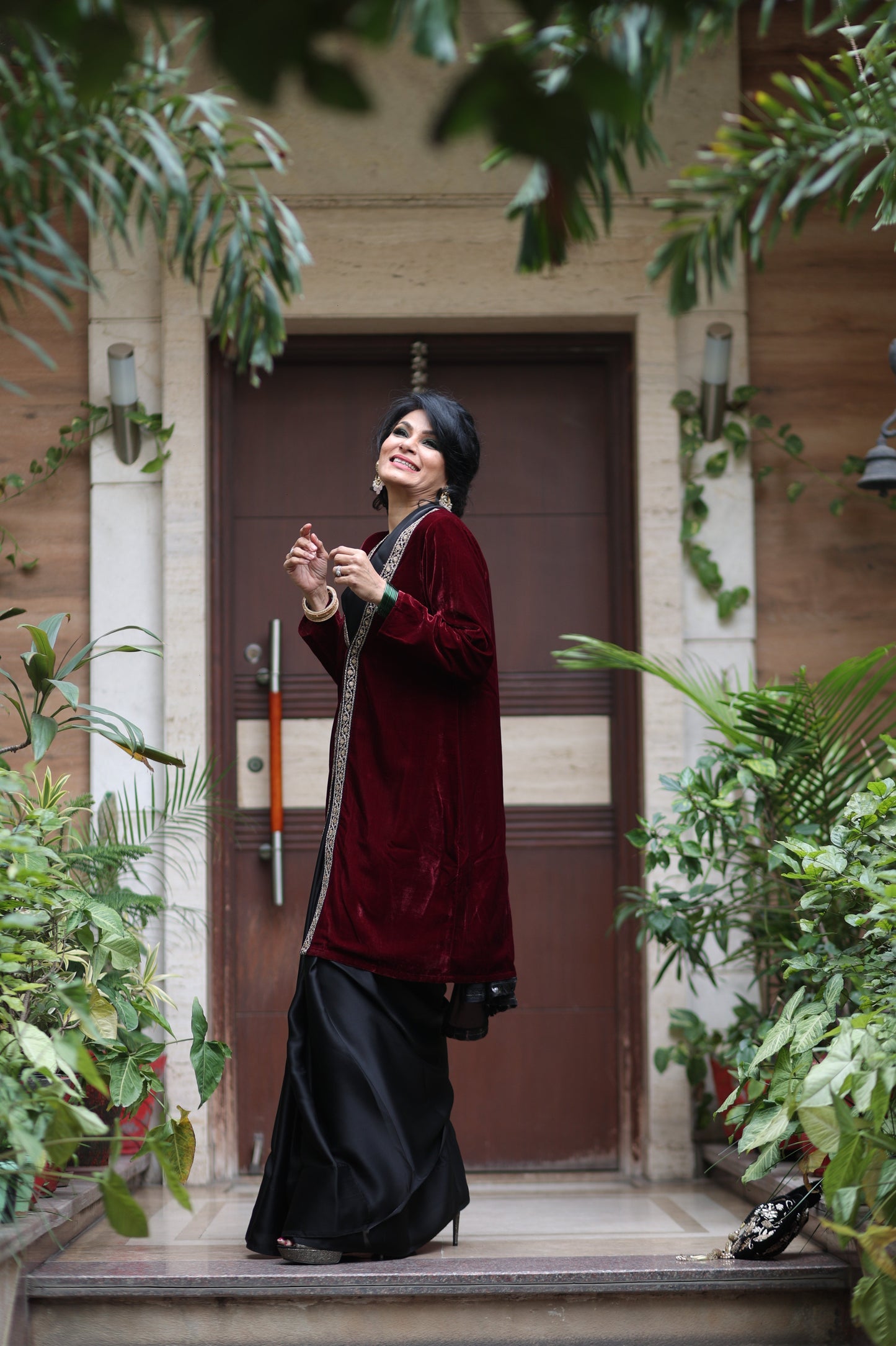 Dhiyona ST Sangria Velvet Jacket with Lace & Pocket