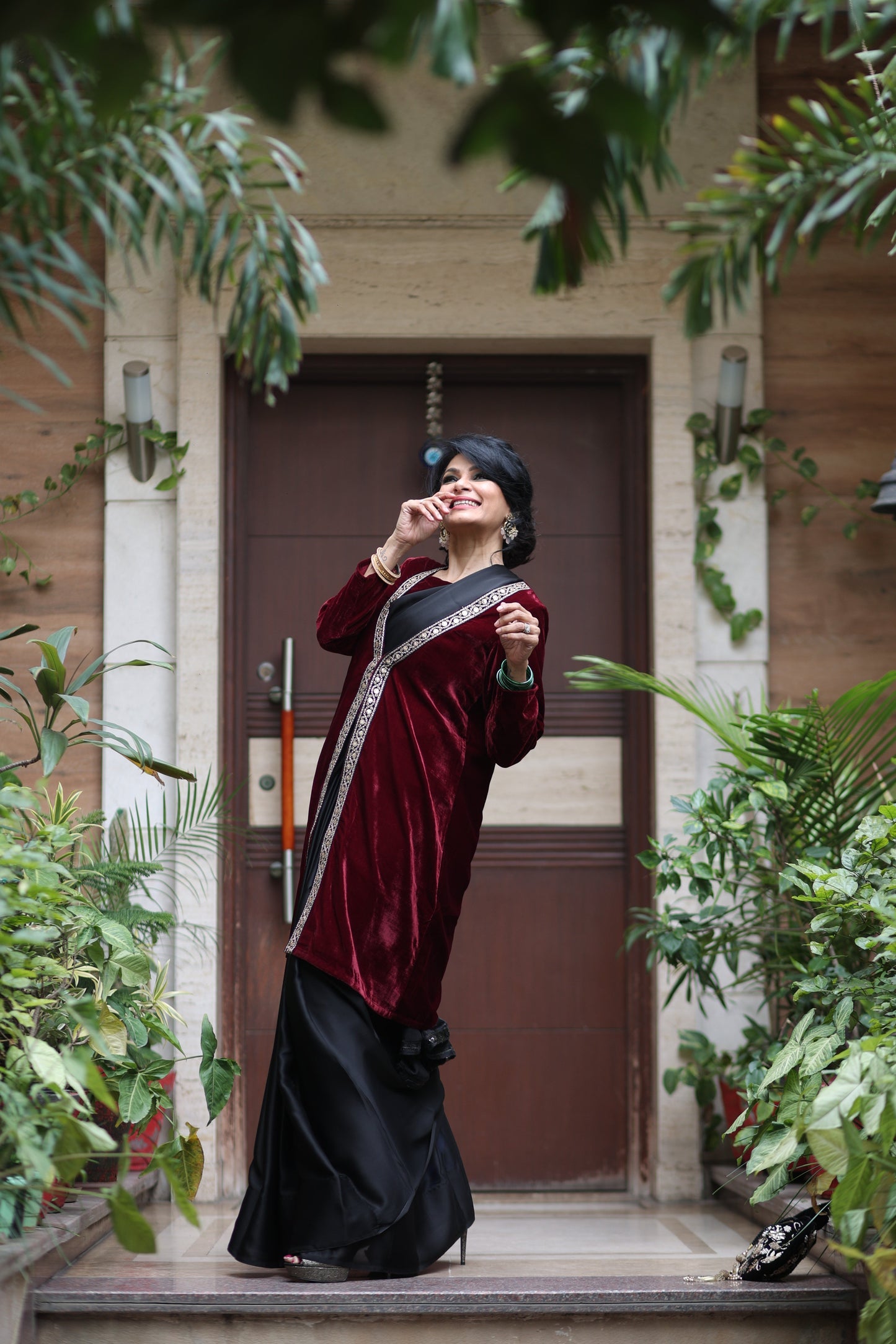 Dhiyona ST Sangria Velvet Jacket with Lace & Pocket