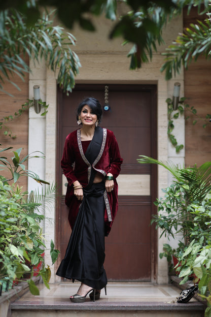 Dhiyona ST Sangria Velvet Jacket with Lace & Pocket