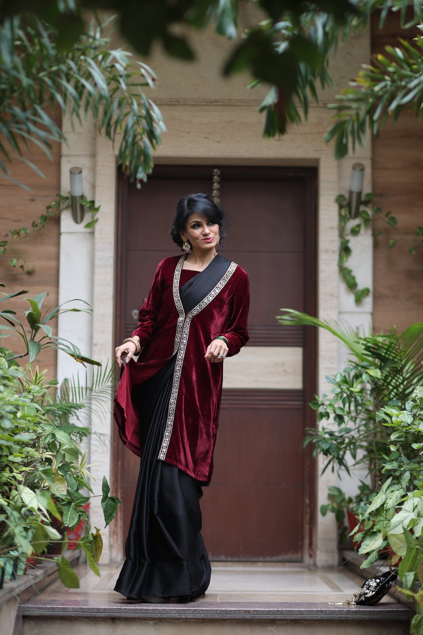 Dhiyona ST Sangria Velvet Jacket with Lace & Pocket