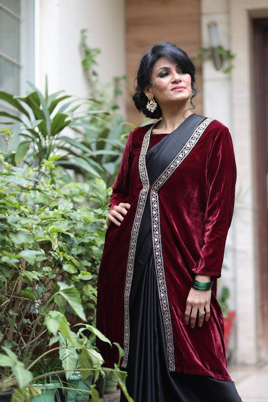 Dhiyona ST Sangria Velvet Jacket with Lace & Pocket