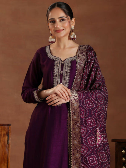 Women's LB Wine Embroidered Silk Blend Straight Suit With Dupatta