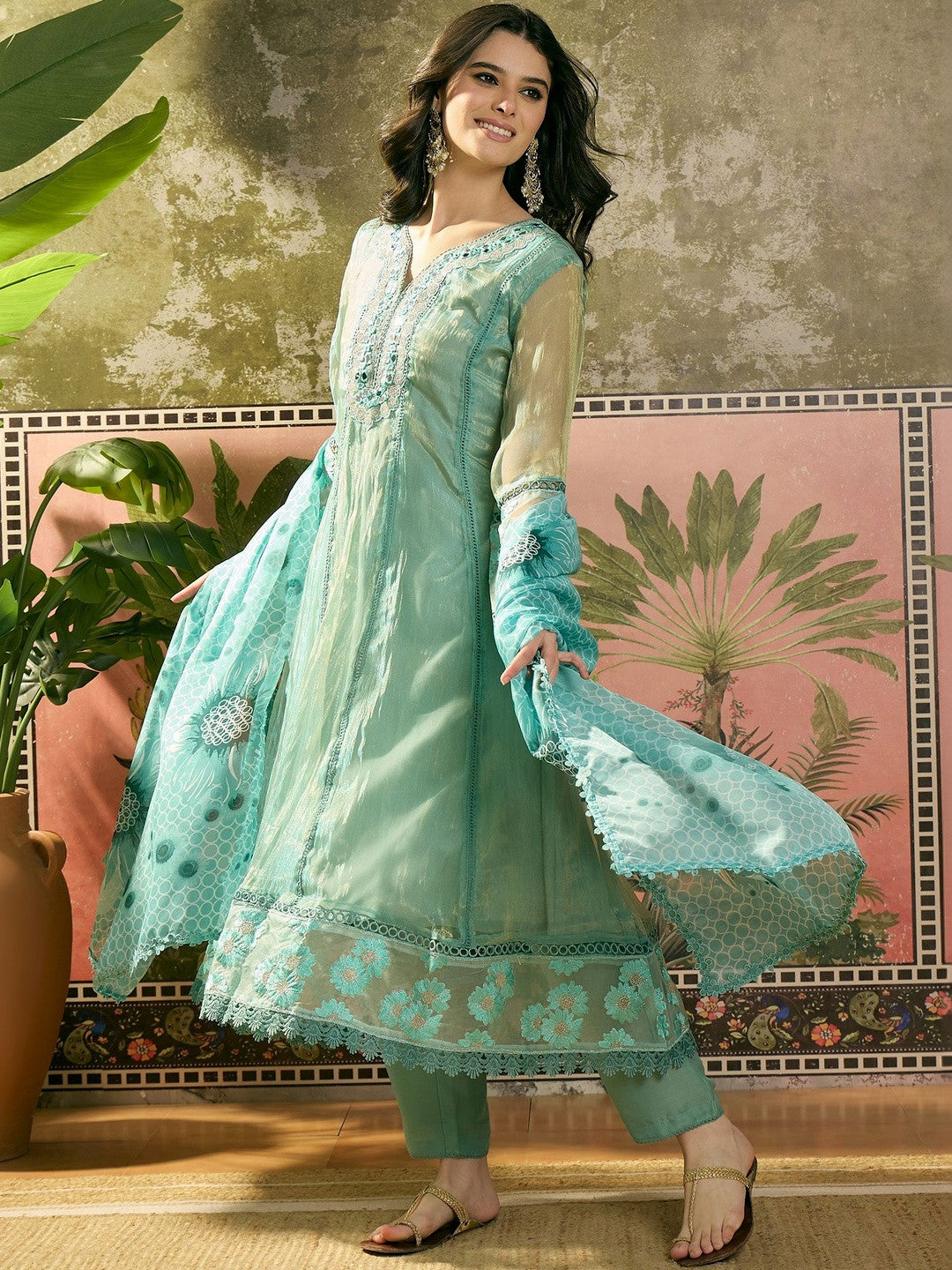 Embroidered V-Neck Kurta Trousers & Dupatta