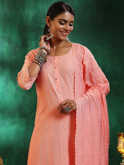 Women's LB Peach Embroidered Silk Blend Straight Suit With Dupatta