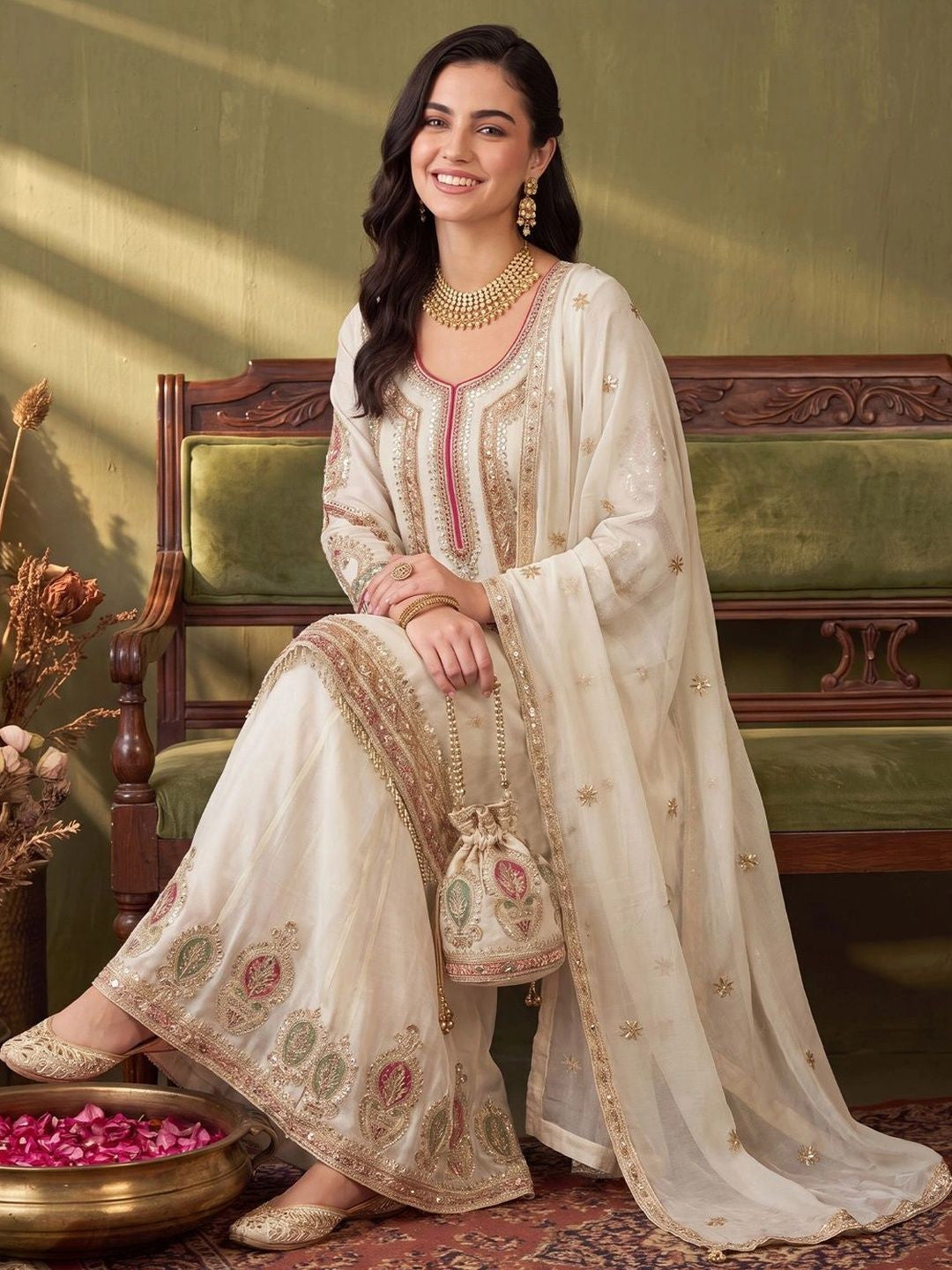 Women Ethnic Motifs Embroidered Regular Mirror Work Kurta with Sharara & With Dupatta