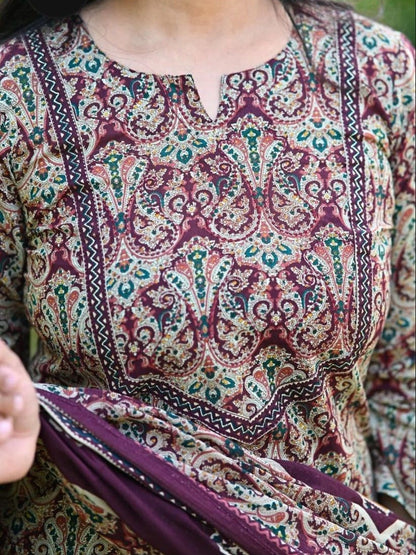 Printed Cotton Blend Boat Neck Kurta & Trousers With Dupatta