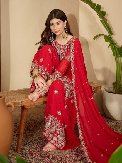 Dhiyona SN Red Faux Georgette Coding & Sequence With Pearl Work Kurta Sharara And Dupatta