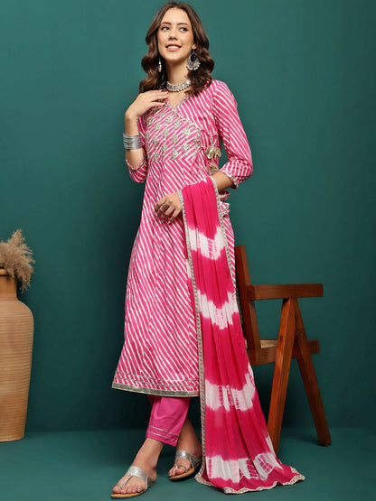 Fuchsia Floral Embroidered V-Neck Angrakha Anarkali Kurta With Trouser & Dupatta