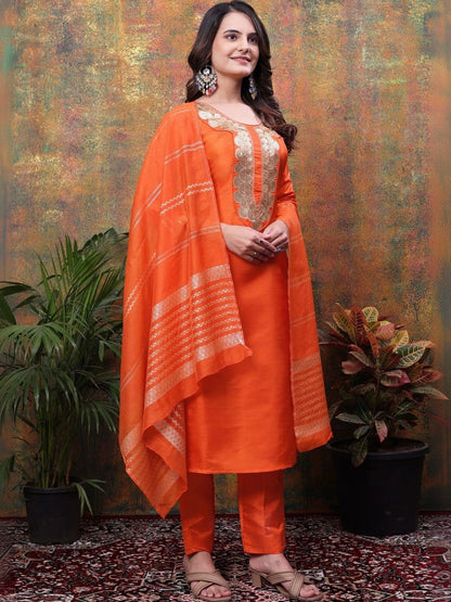 Women Embroidered Regular Sequinned Kurta with Trousers & With Dupatta
