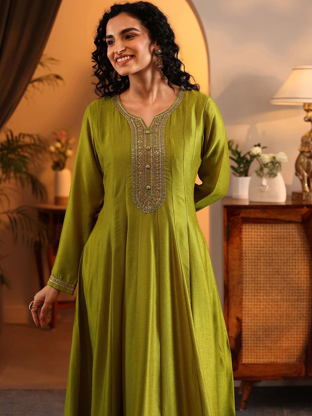 Dhiyona LL Womens Lime green Embroidered Anarkali Kurta With Trousers & Dupatta