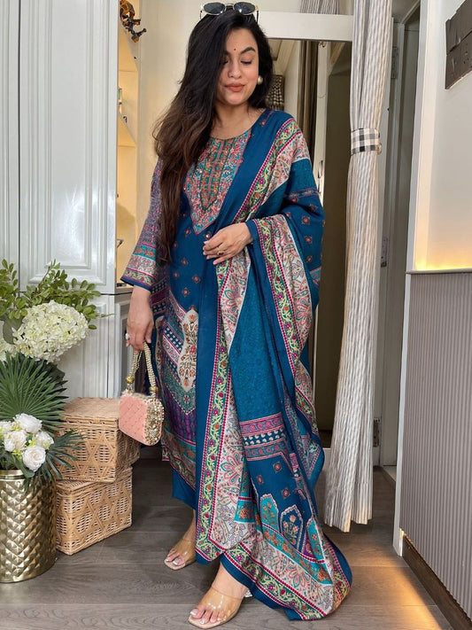 Dhiyona KL Ethnic Motifs Printed Round Neck Straight Kurta With Trousers & Dupatta