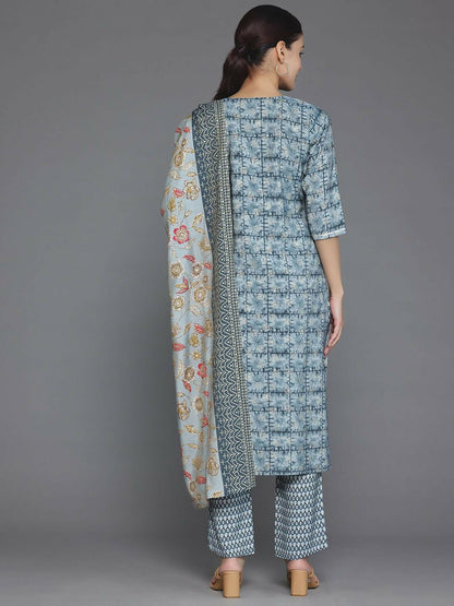 Women's LB Grey Printed Silk Blend Straight Suit With Dupatta