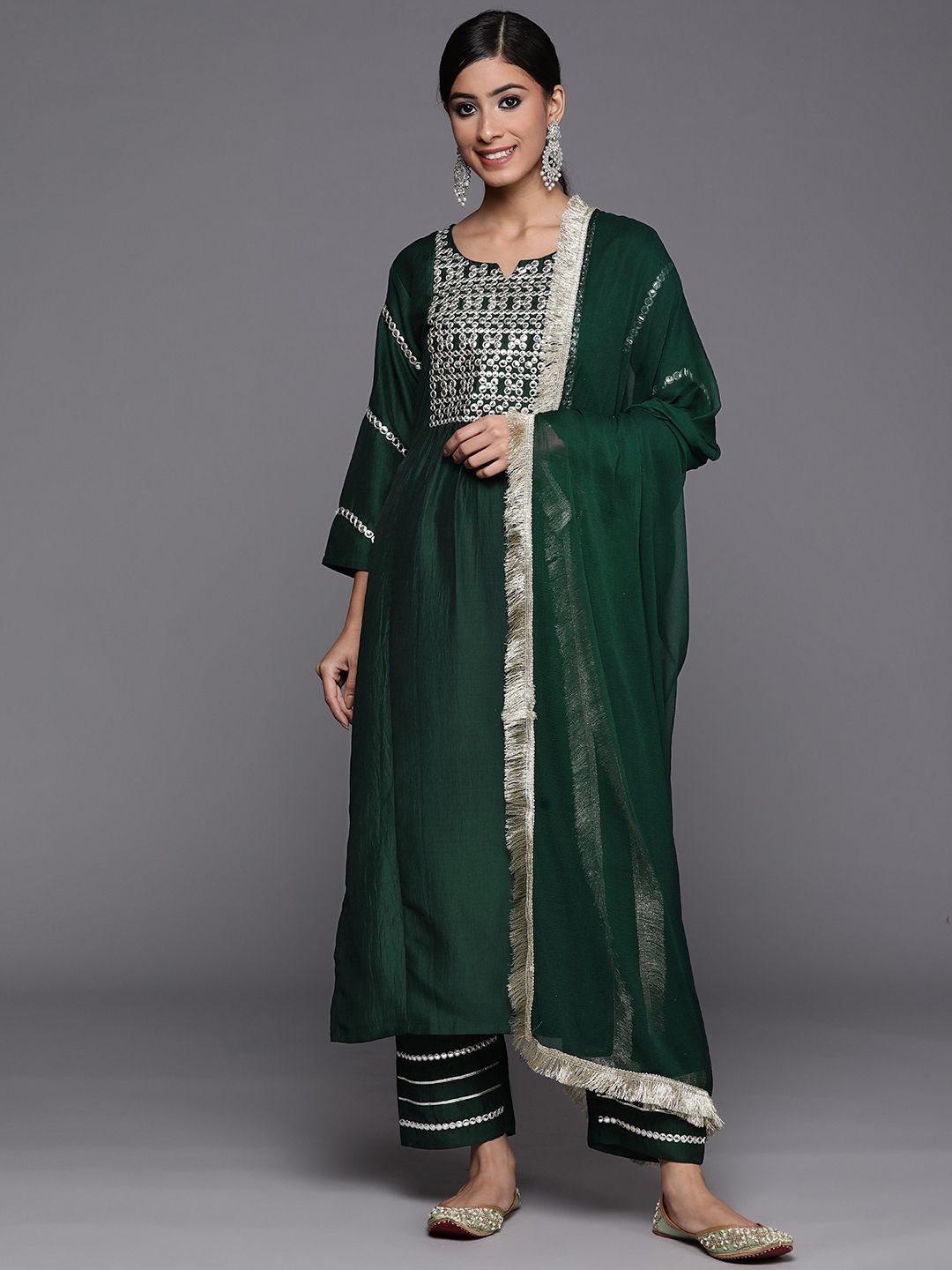 Dhiyona VA Women's Geometric Embroidered Kurta with Trousers & Dupatta